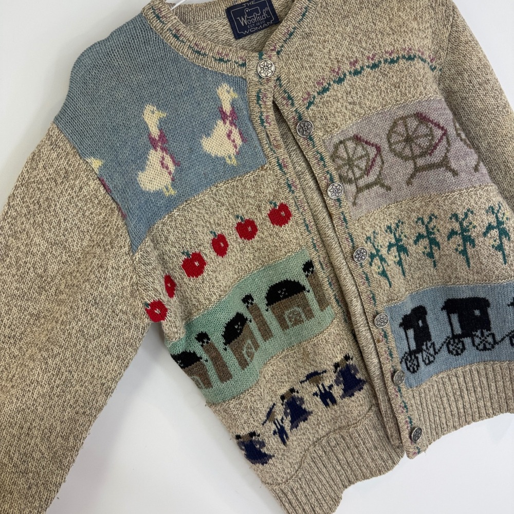 Woolrich Cardigan Sweater Women M Tan Intarsia Folk Art Geese Apple Carriage - Picture 3 of 12